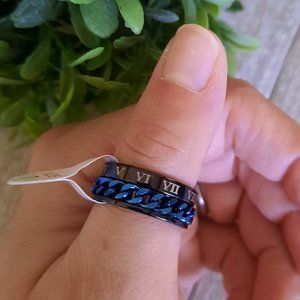 Men's Black/Blue Stainless Steel Spinner Ring with Roman Numerals NWT! - Size 7